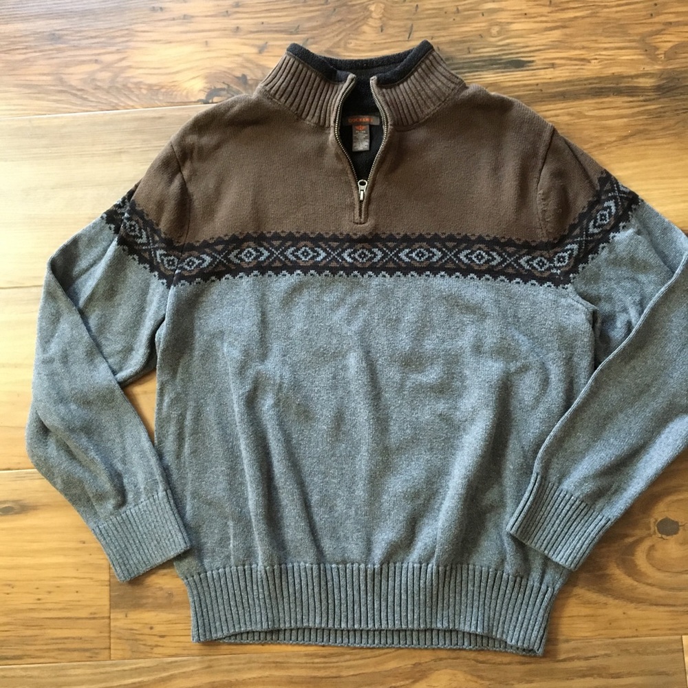 Dockers 1/4 Zip Sweater Fleece Lined Collar XL, Brown and Gray Western Style